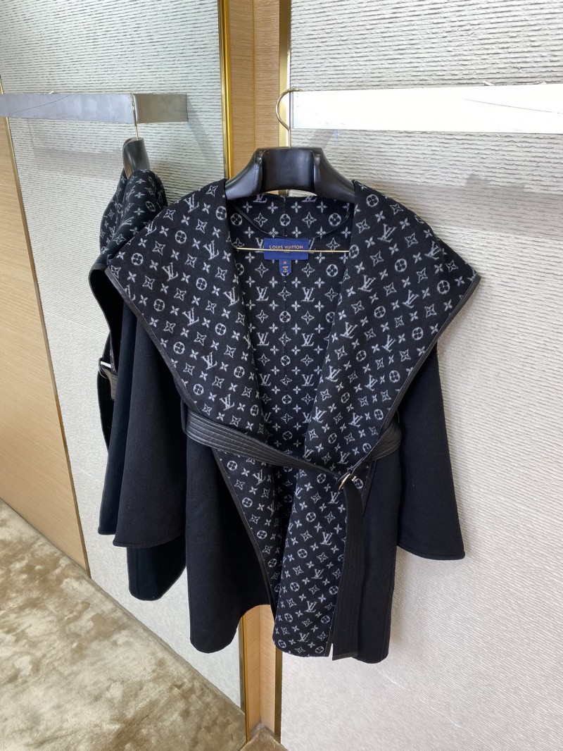 LV Mid-Length Poncho Cashmere Coat Black 6