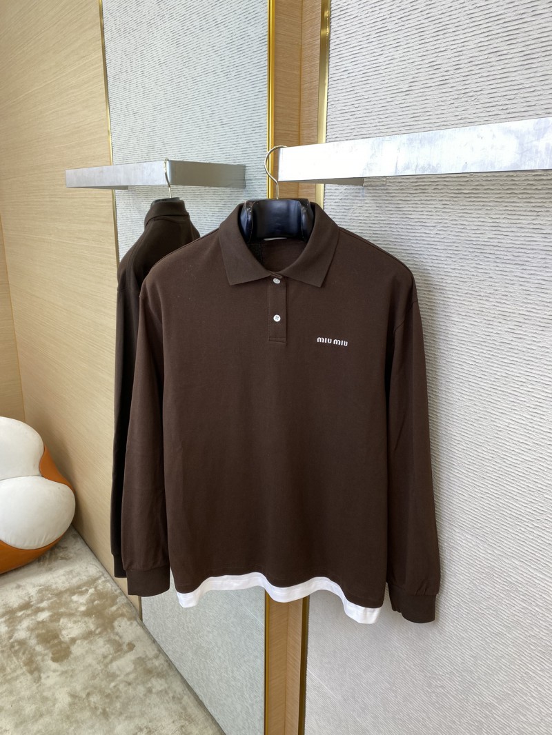 Miu Miu Logo Embroidery Long Sleeve Polo Shirt 6