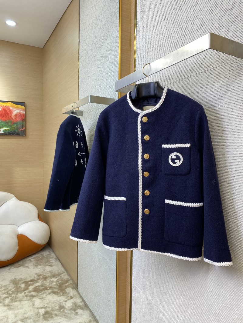 Gucci Badge Logo Tweed Wool Jacket Navy 2