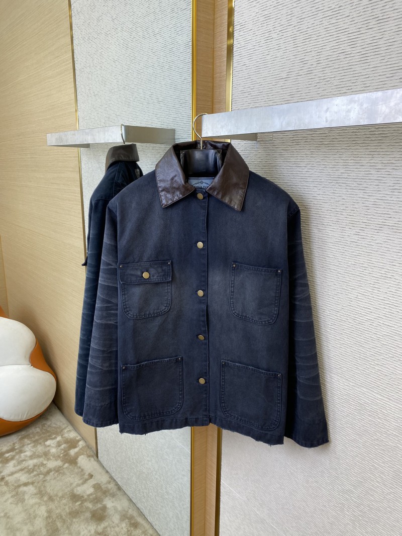 Prada 24SS Leather Collar workwear Jacket Coat Blue 5