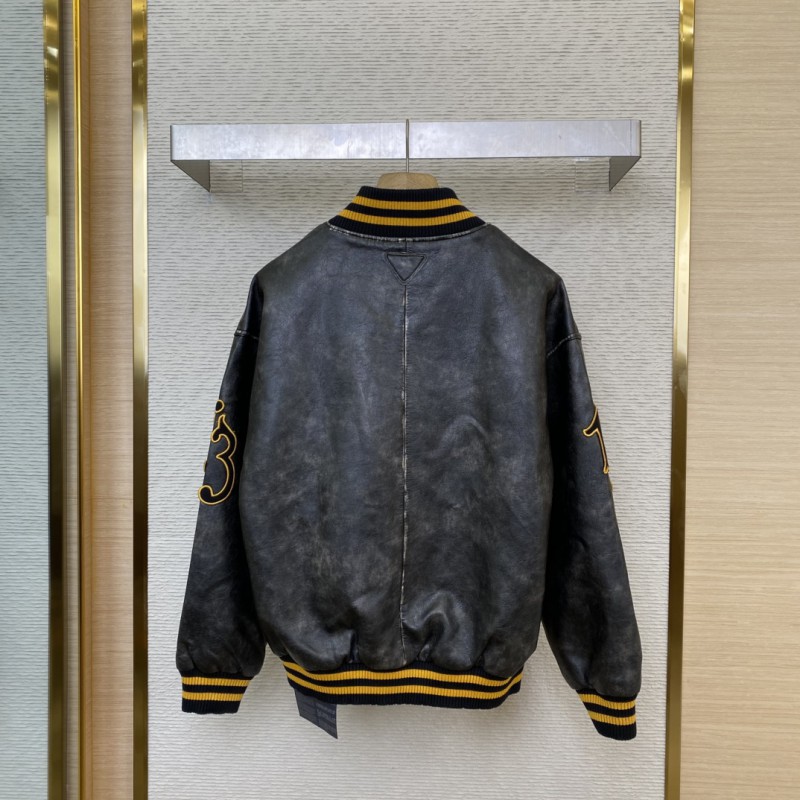 Prada Vintage Aged Baseball Leather Jacket Jacket Black 1