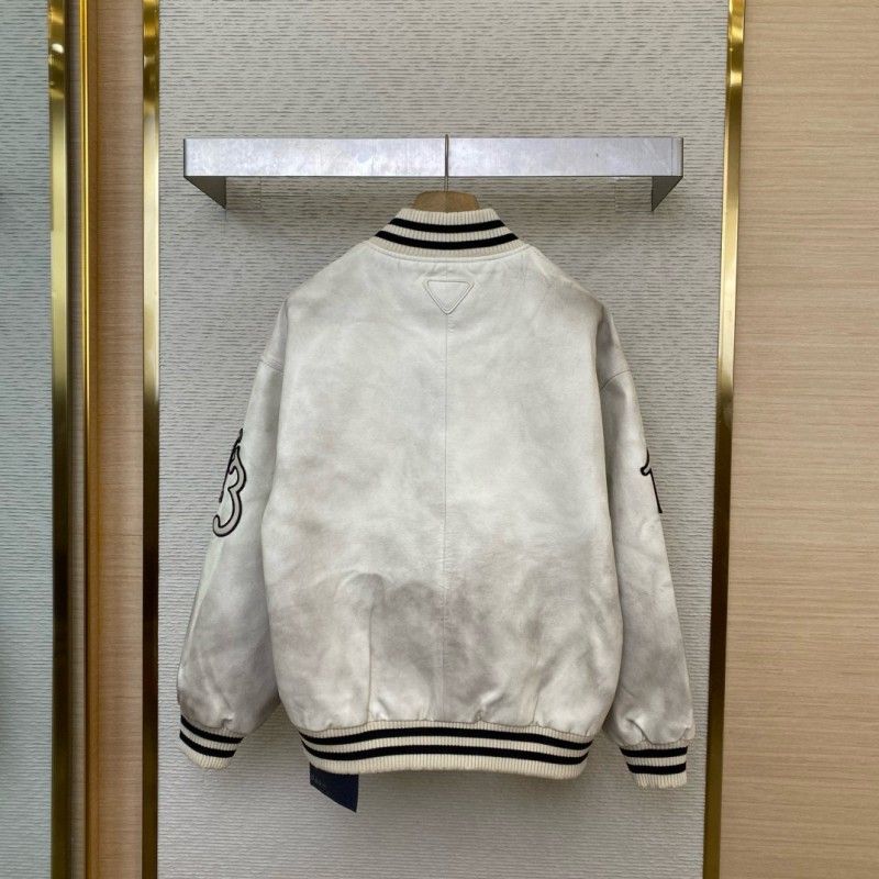 Prada Vintage Aged Baseball Leather Jacket Jacket White 1