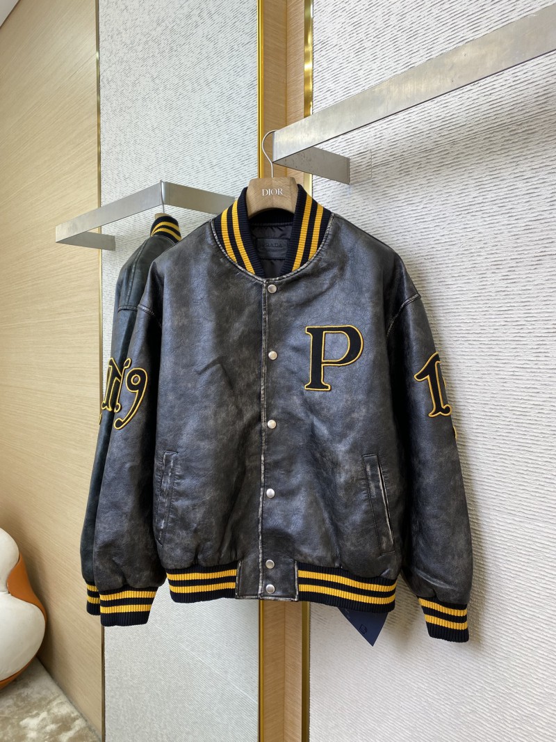 Prada Vintage Aged Baseball Leather Jacket Jacket Black 4