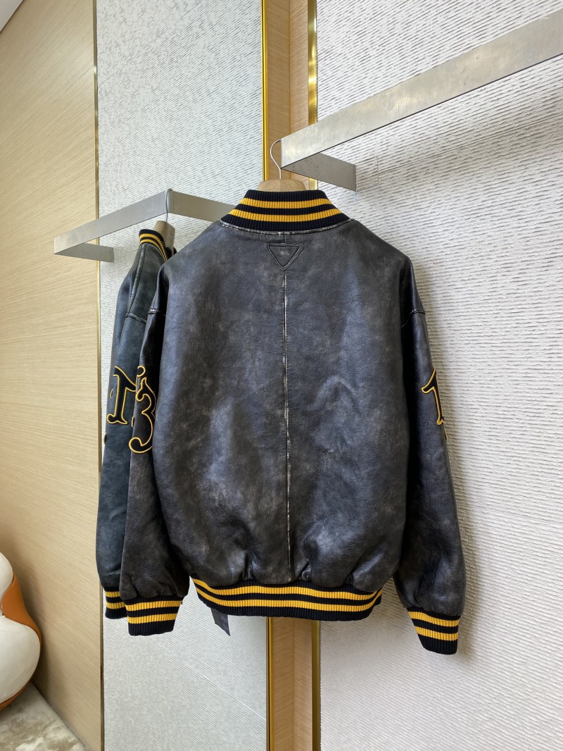 Prada Vintage Aged Baseball Leather Jacket Jacket Black 6