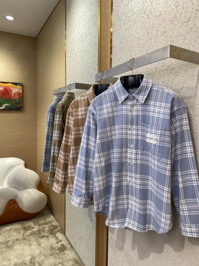 Miu Miu Letters Logo Plaid Lapel Shirt Curry 2