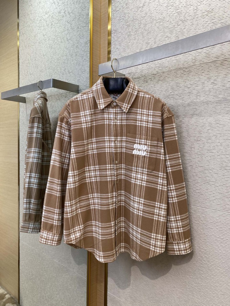Miu Miu Letters Logo Plaid Lapel Shirt Curry 4