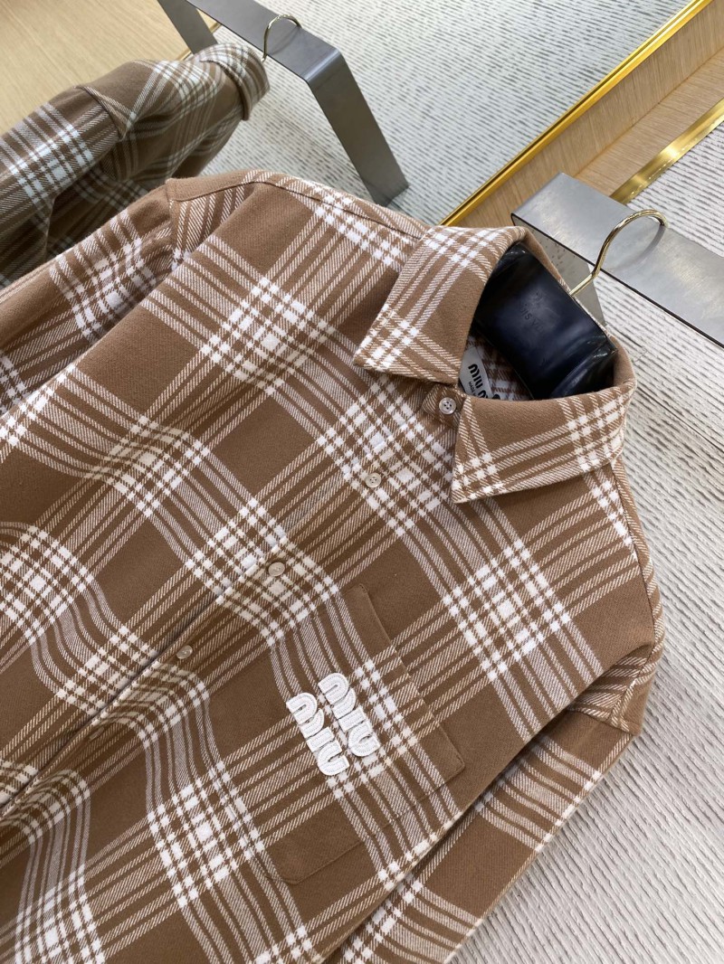 Miu Miu Letters Logo Plaid Lapel Shirt Curry 5