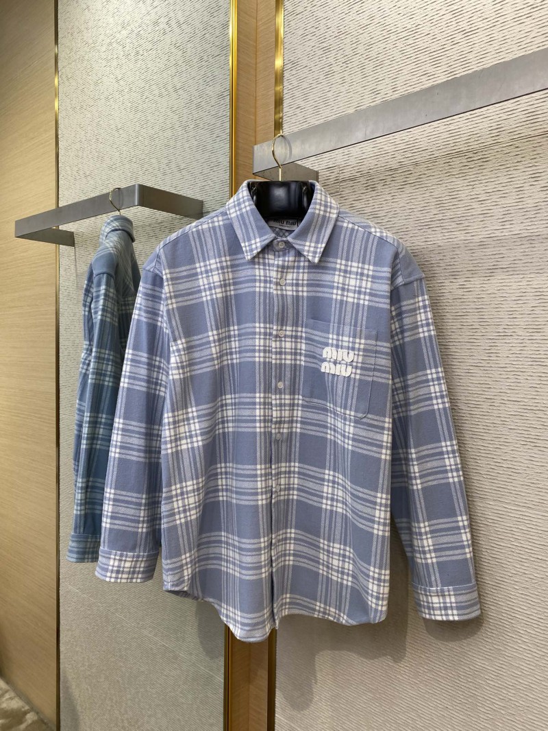 Miu Miu Letter Logo Check Lapel Shirt Blue 4