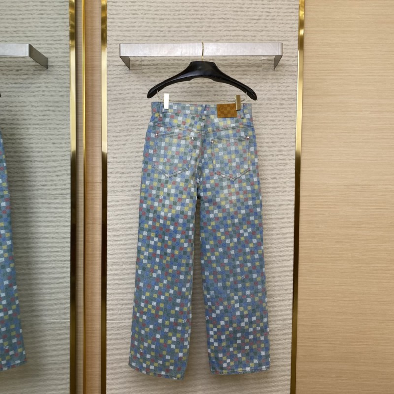 LV Colourful Checkerboard Print Denim Trousers 1