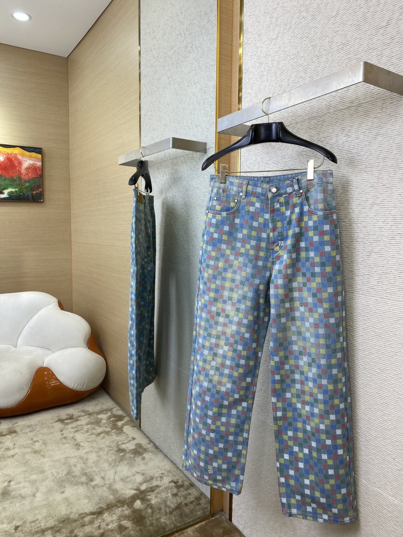 LV Colourful Checkerboard Print Denim Trousers 2
