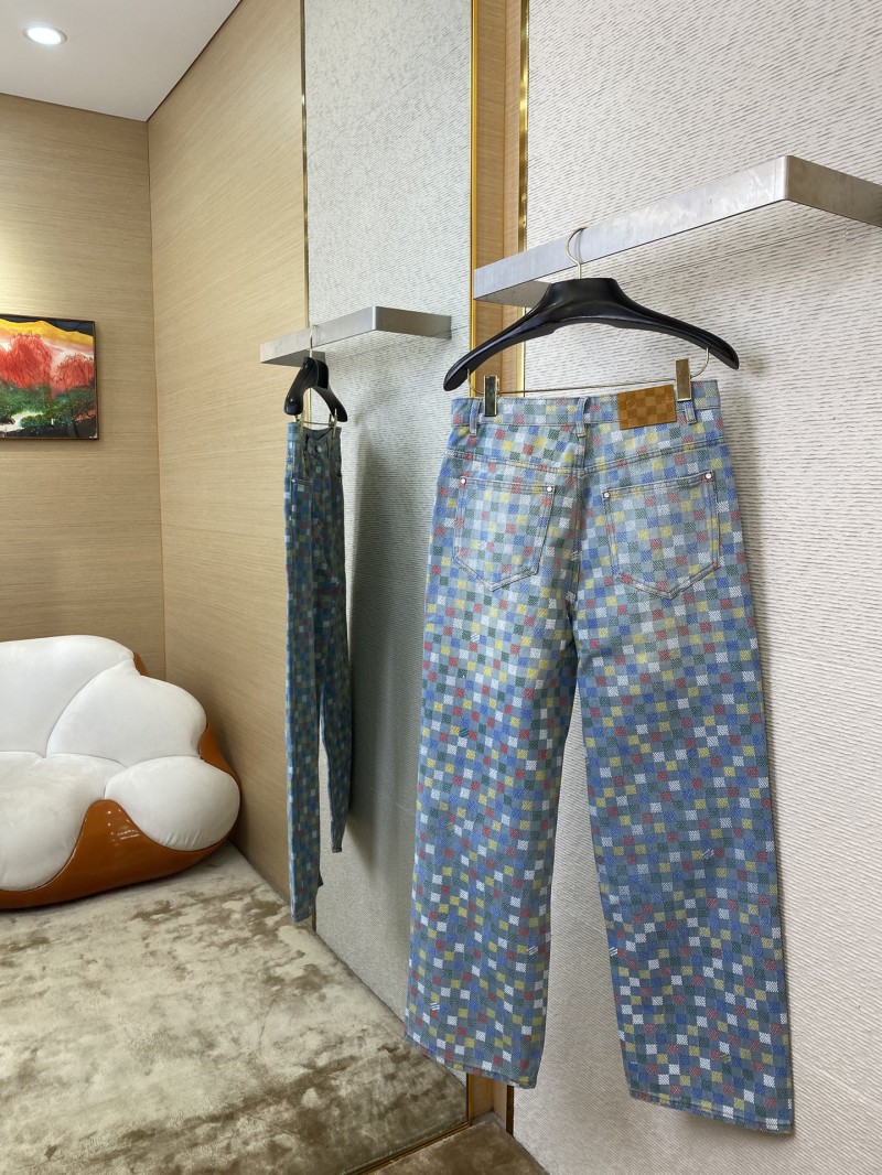 LV Colourful Checkerboard Print Denim Trousers 3