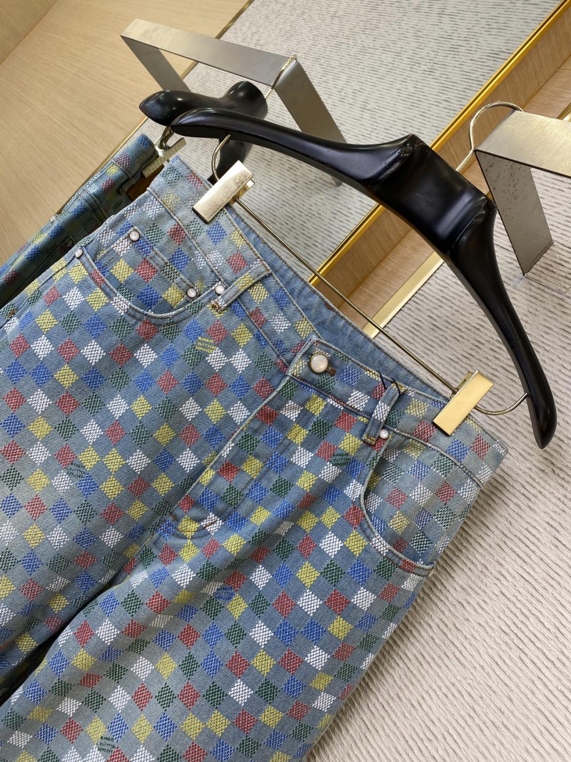 LV Colourful Checkerboard Print Denim Trousers 5