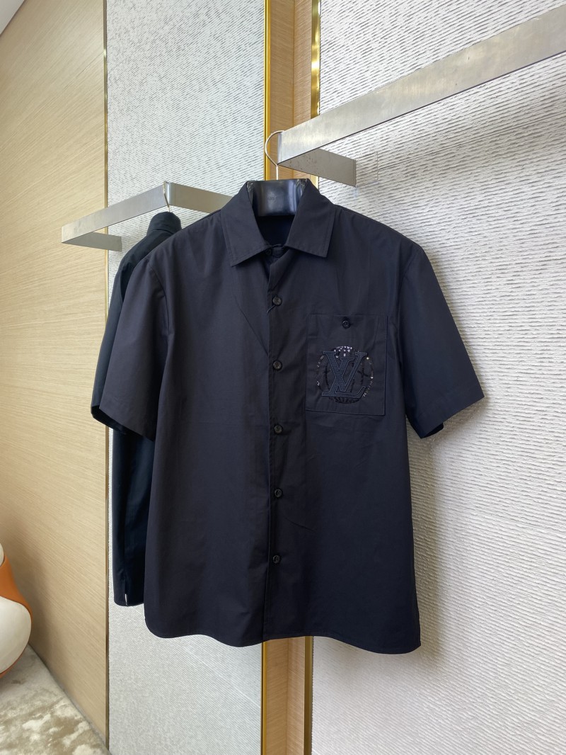 LV Beaded Embroidery Lapel Short Sleeve Shirt Black 4