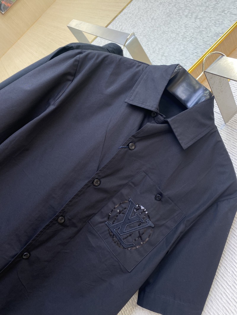 LV Beaded Embroidery Lapel Short Sleeve Shirt Black 5