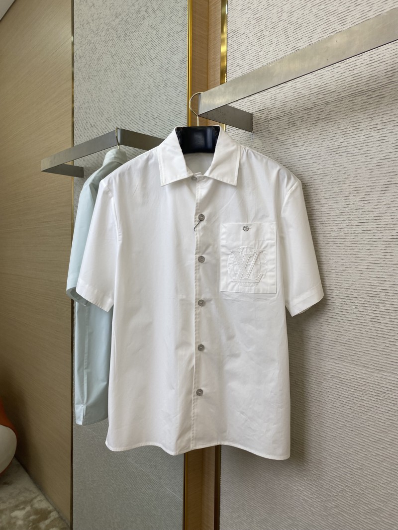 LV Beaded Embroidery Lapel Short Sleeve Shirt White 4