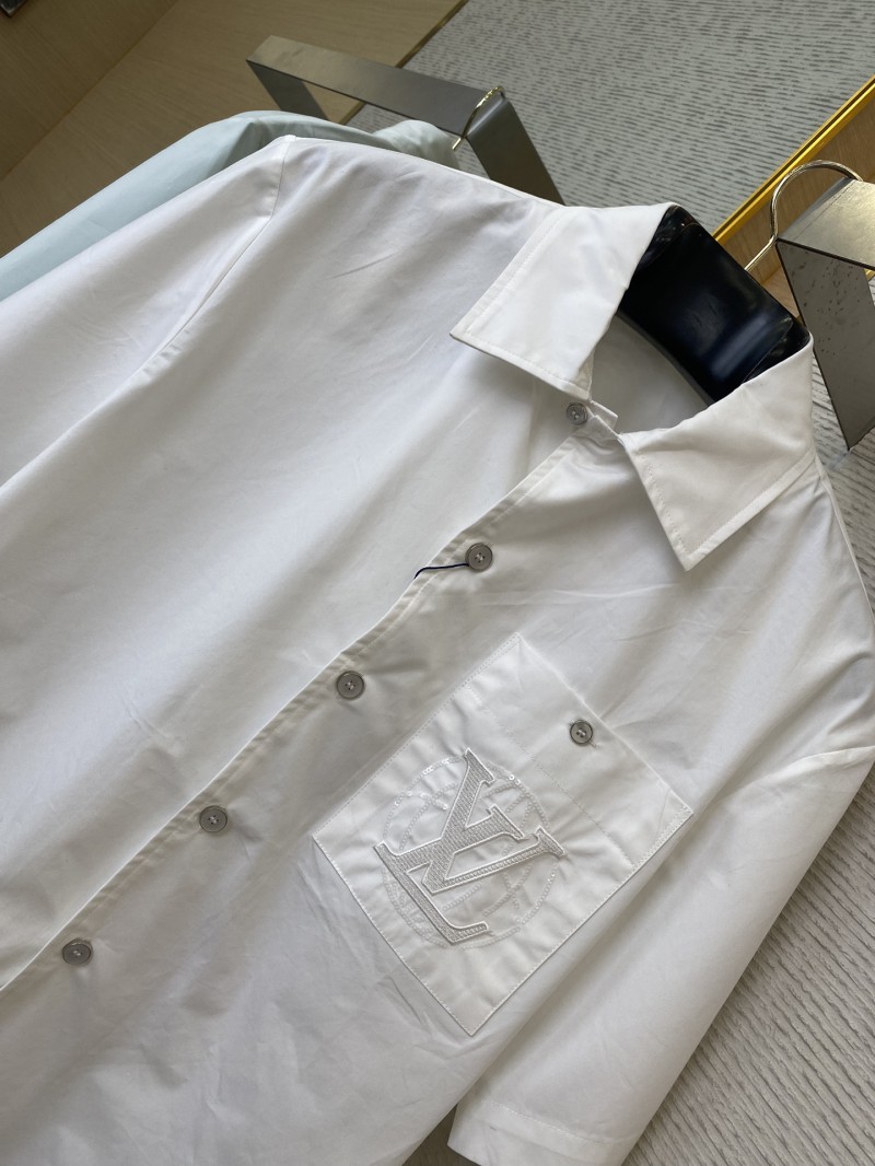 LV Beaded Embroidery Lapel Short Sleeve Shirt White 5