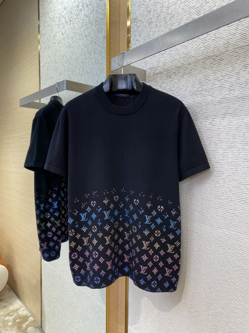 LV Rhinestone Gradient Knit Short Sleeve T-Shirt Black 4