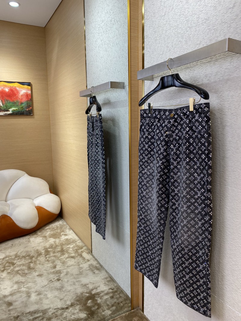 LV Old Flower Rhinestone Denim Trousers 2