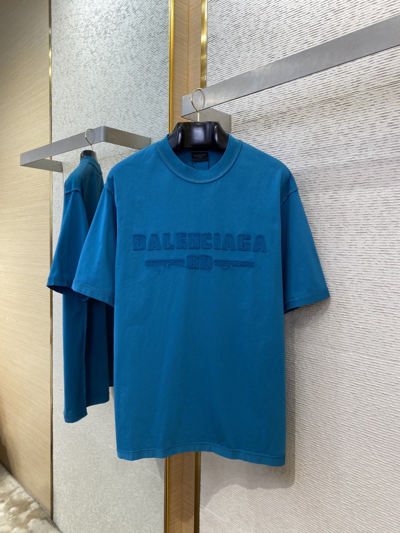 Balenciaga Letter Embroidered Short Sleeve T-Shirt Blue 4