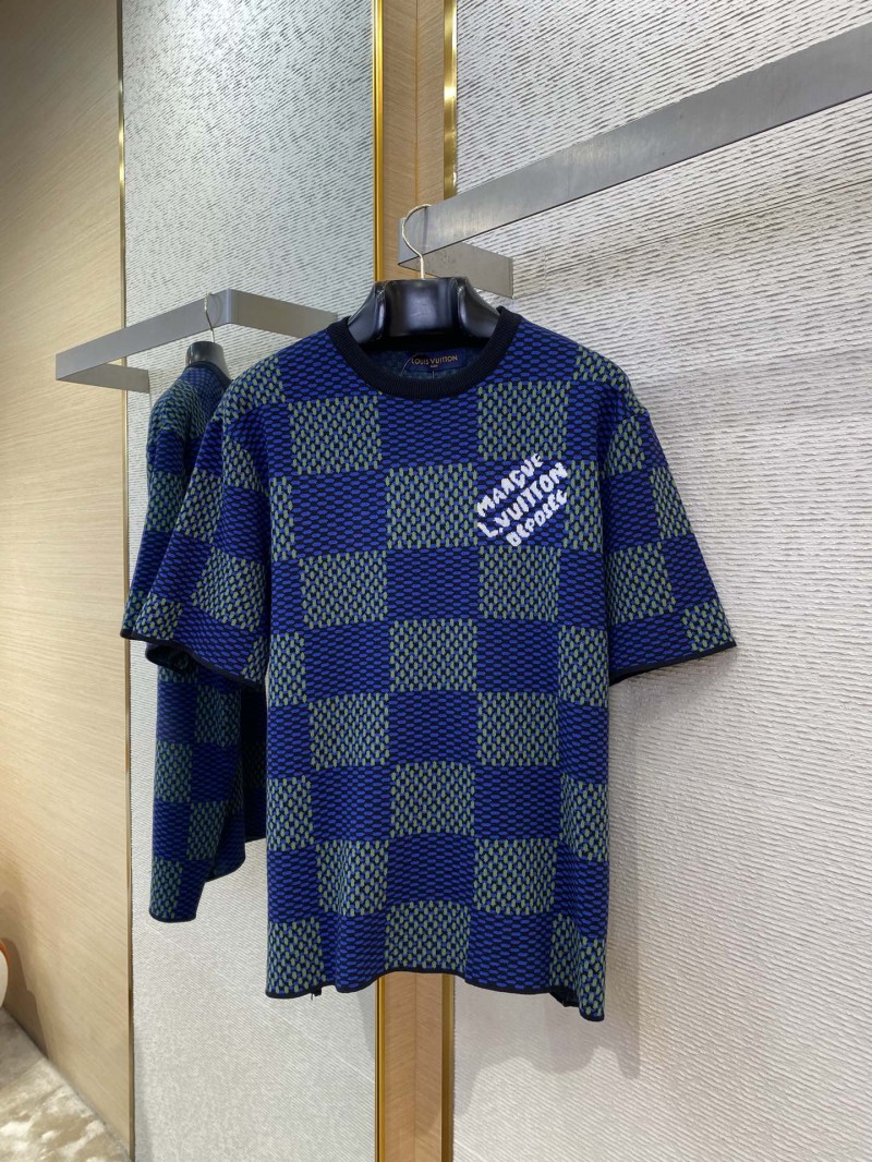 LV Checkered Knit Short Sleeve T-Shirt Blue 4