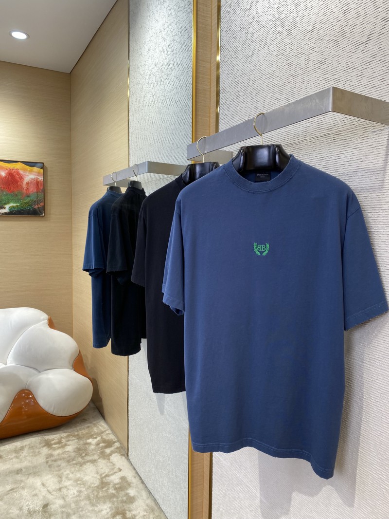 Balenciaga Wheatsheaf Letters Embroidered Short Sleeve T-Shirt Blue 2