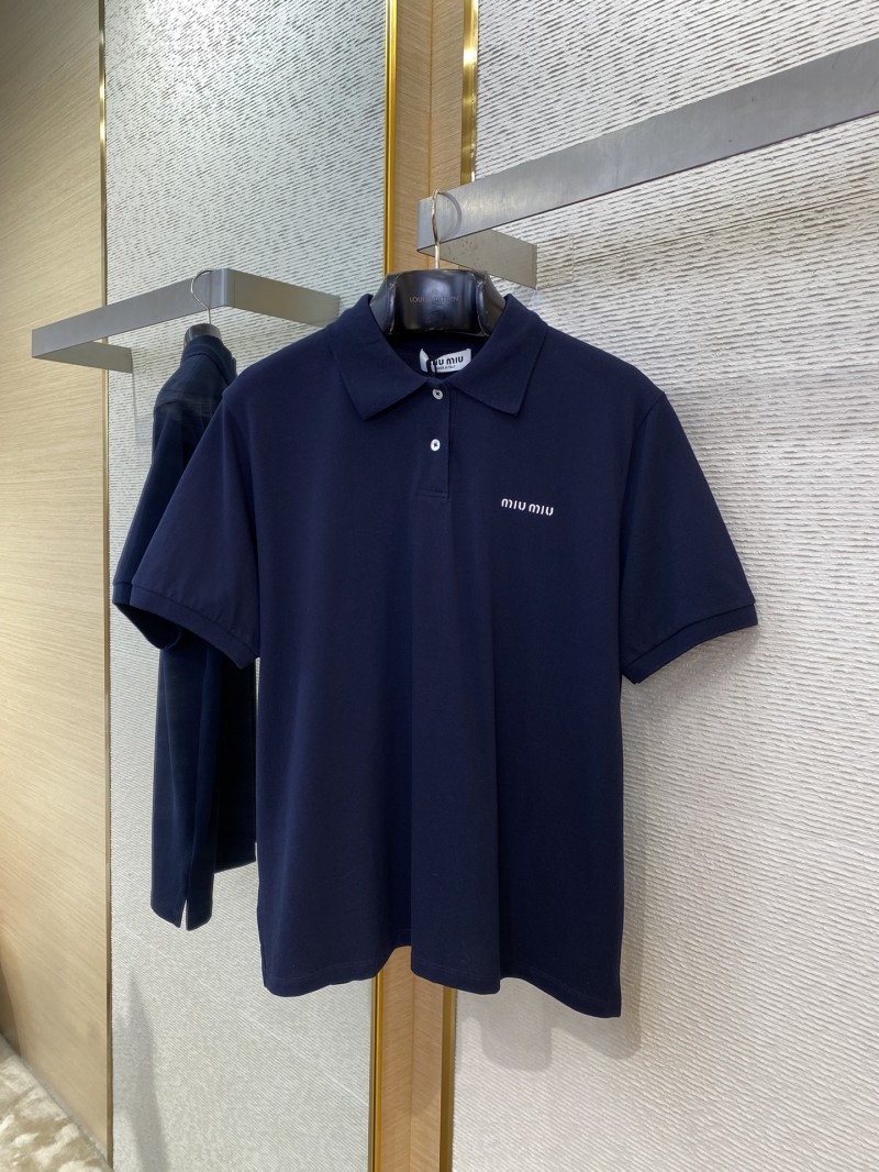 Miu Miu Logo Embroidered Polo Shirt Navy 4