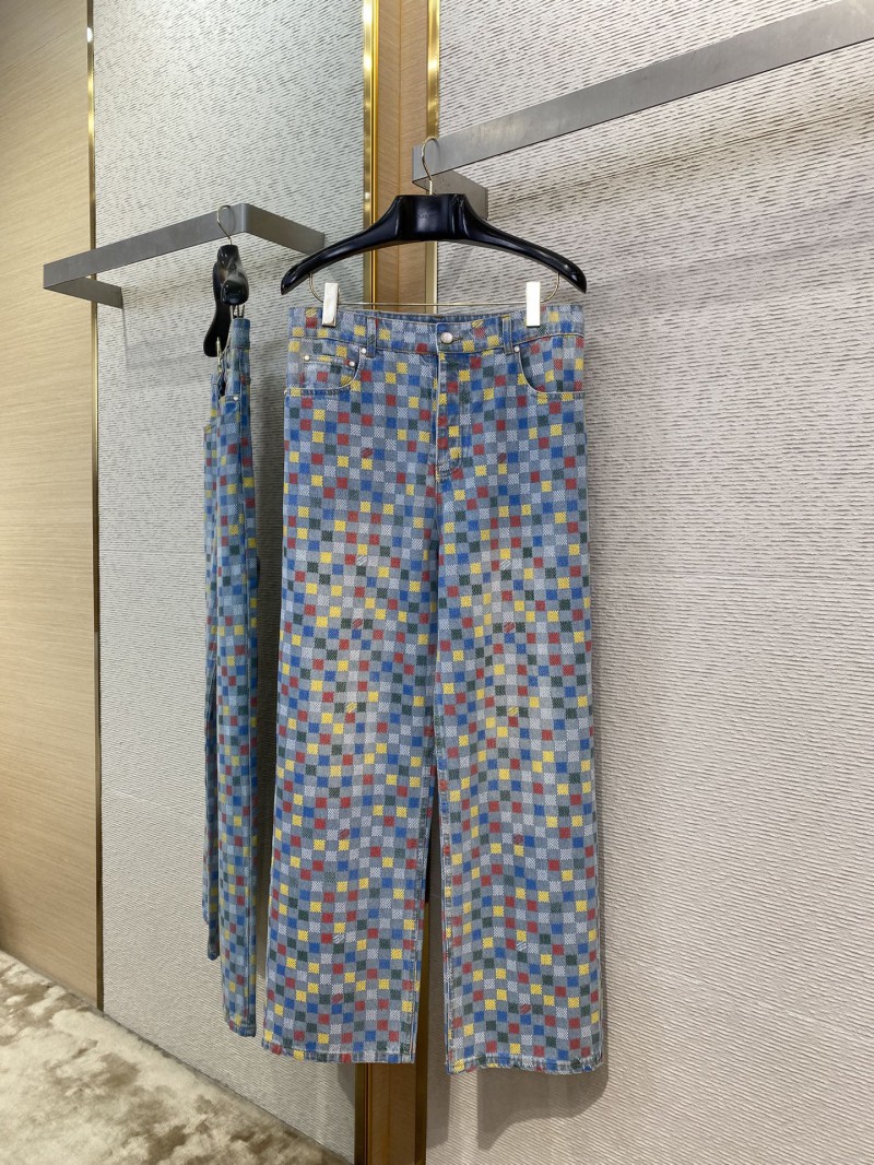 LV Colourful Checkerboard Print Denim Trousers 4
