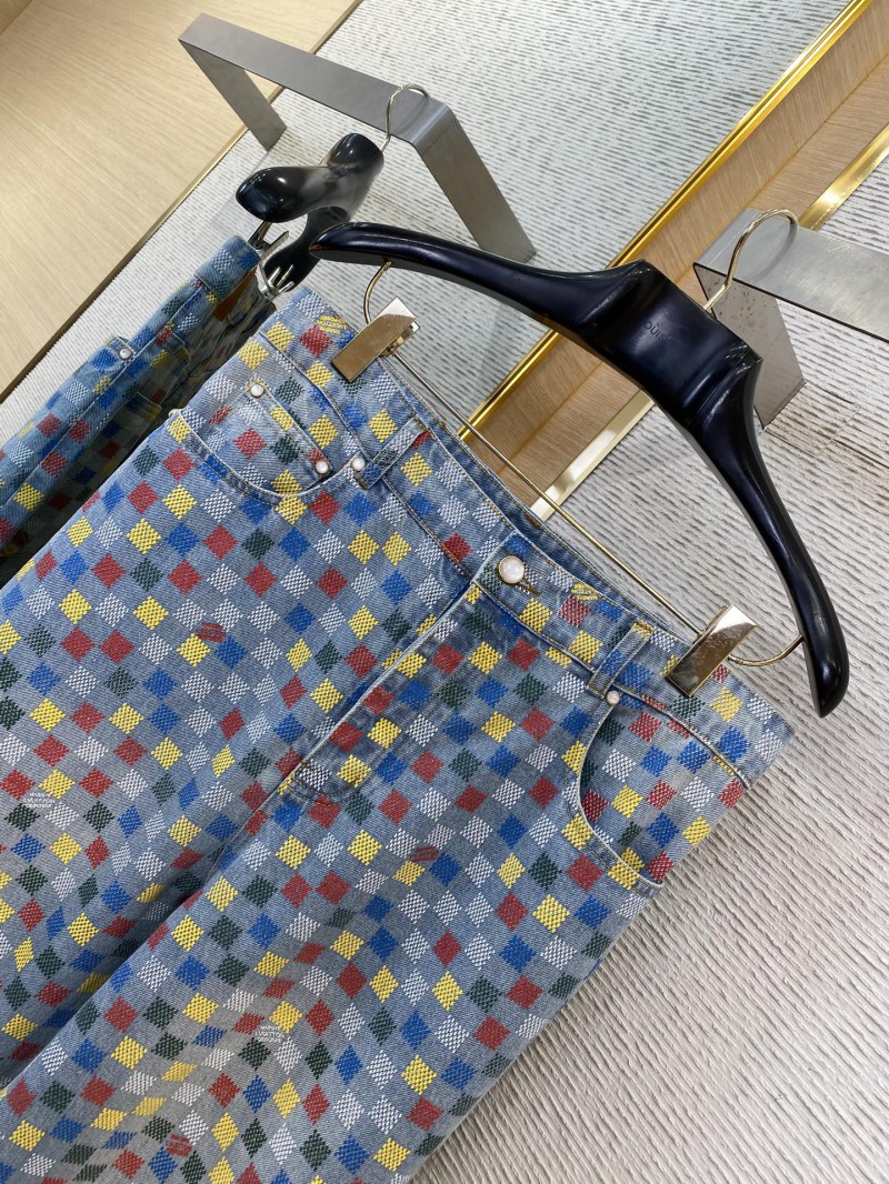 LV Colourful Checkerboard Print Denim Trousers 5