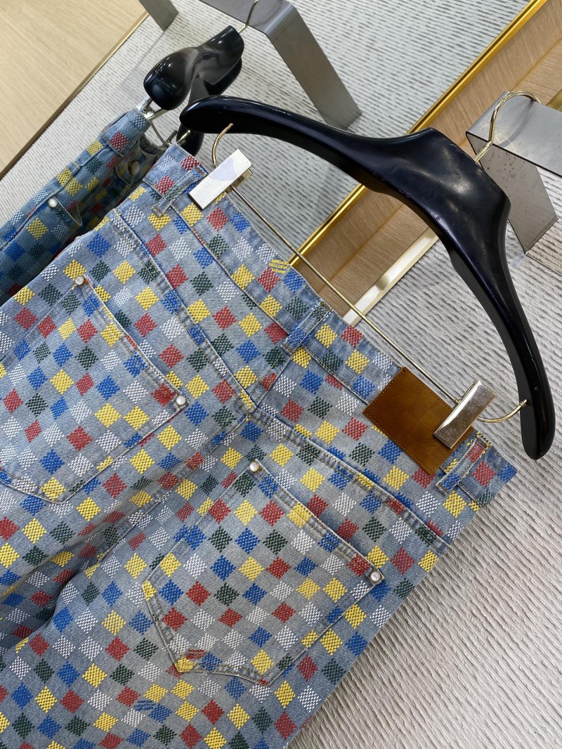 LV Colourful Checkerboard Print Denim Trousers 7