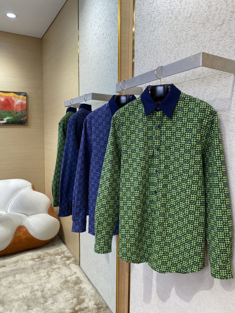 Gucci turndown collar Printed Long Sleeve Shirt Blue 2