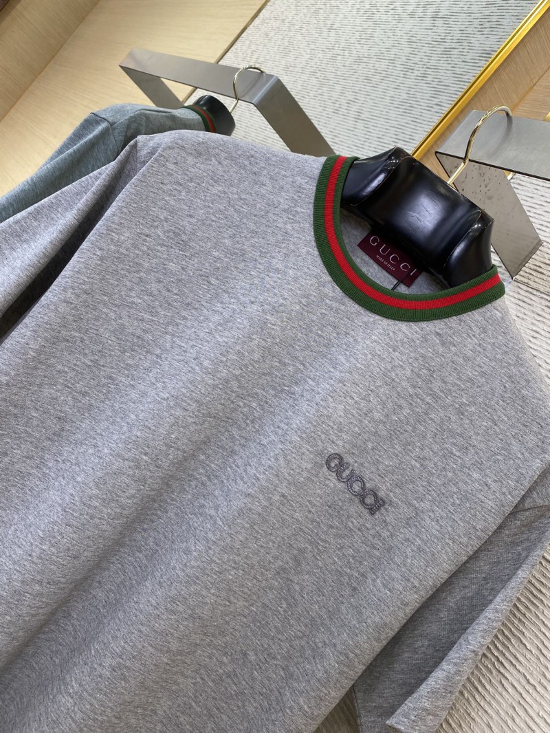 Gucci Red and Green Woven Neckline Crew Neck Short Sleeve T-Shirt Grey 5