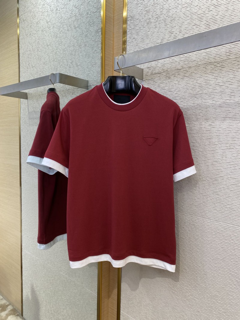Prada Fake Double Layer Short Sleeve T-Shirt Red 4