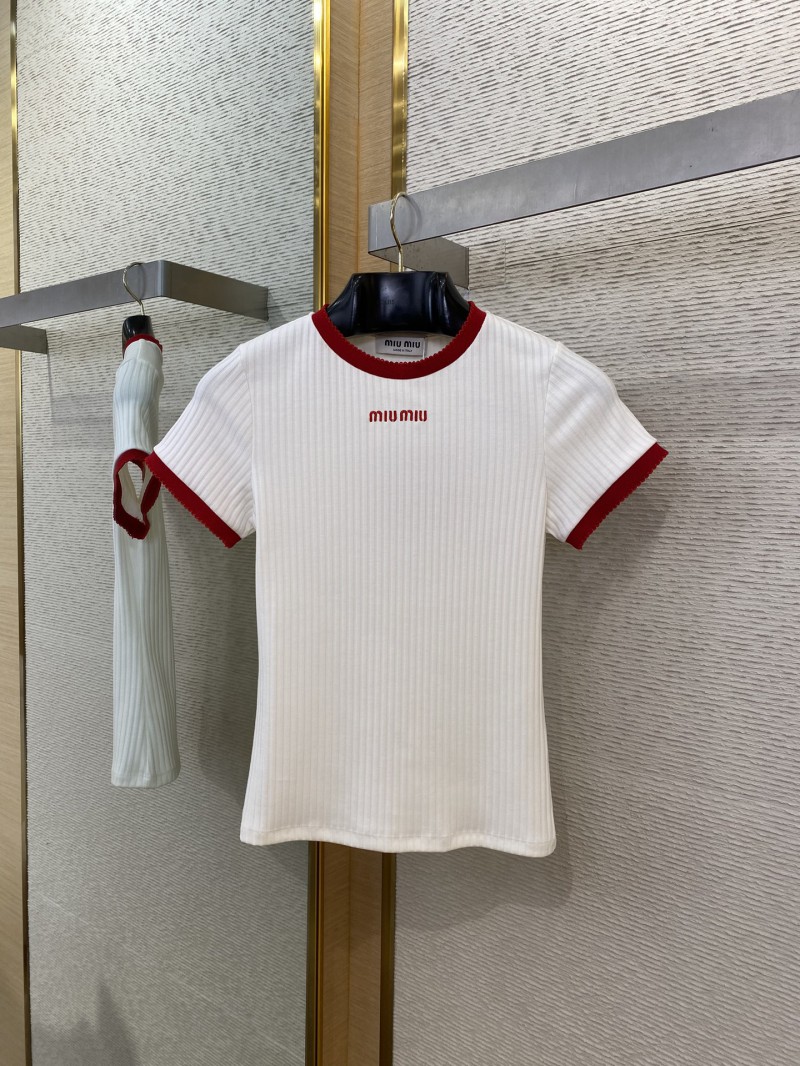 Miu Miu Clashing Colours Round Neck Letter Embroidery Short Sleeve T-Shirt Red 4