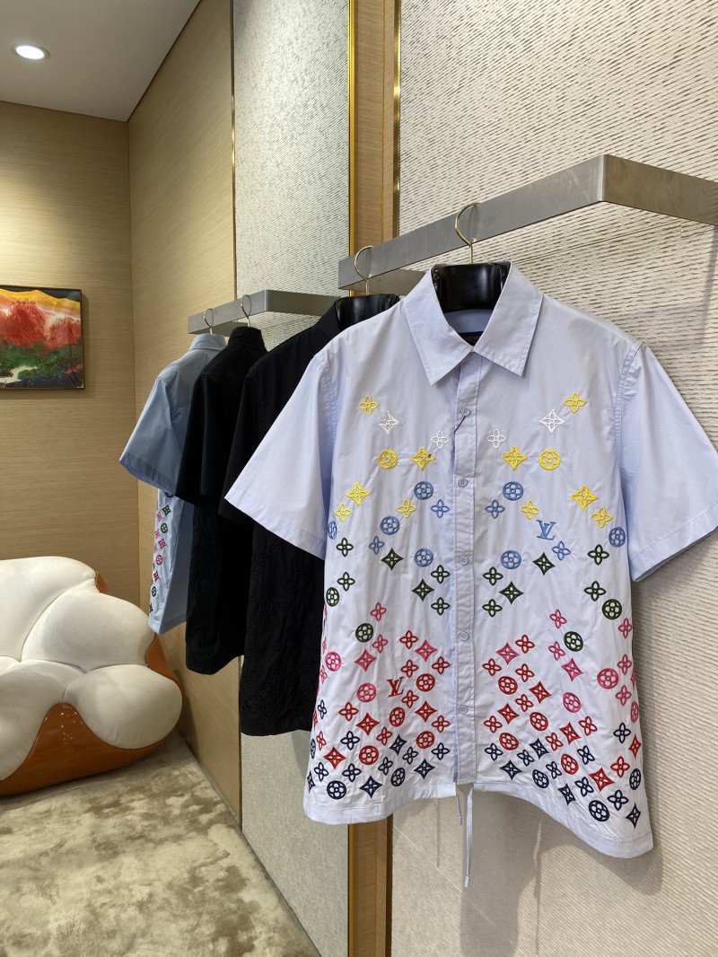 LV Gradient Floral Embroidery Short Sleeve Shirt Blue 2