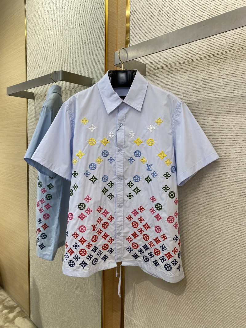 LV Gradient Floral Embroidery Short Sleeve Shirt Blue 4