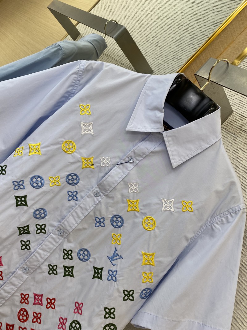 LV Gradient Floral Embroidery Short Sleeve Shirt Blue 5