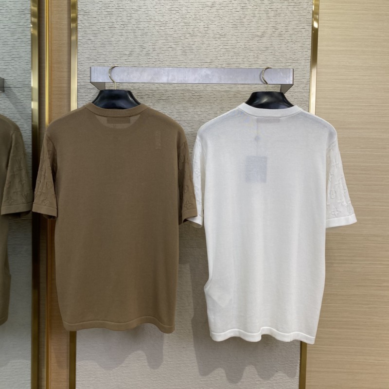 LV Jacquard Sleeve Knit Crew Neck Short Sleeve T-Shirt White 1