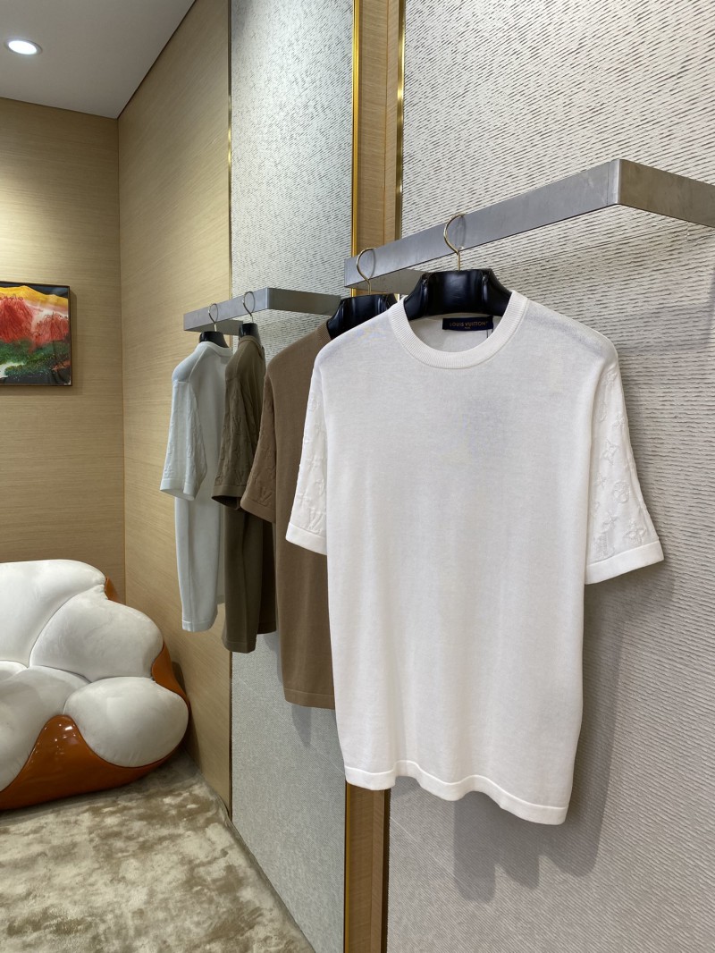 LV Jacquard Sleeve Knit Crew Neck Short Sleeve T-Shirt White 2
