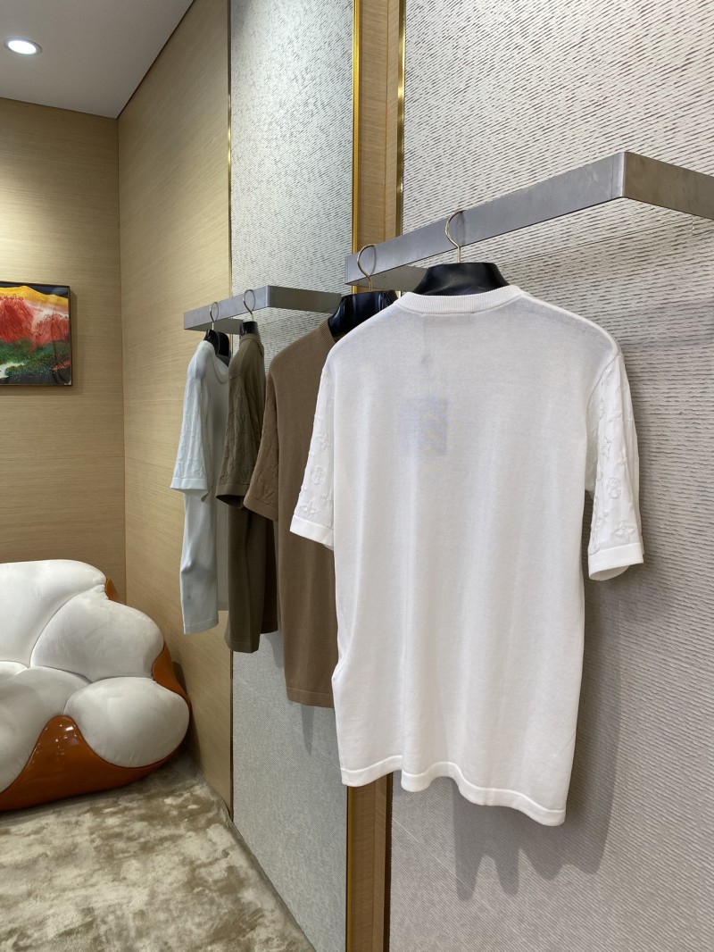 LV Jacquard Sleeve Knit Crew Neck Short Sleeve T-Shirt White 3