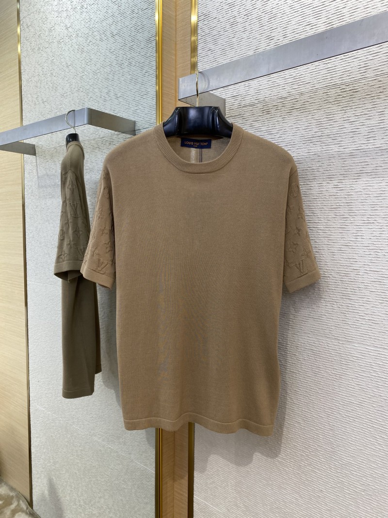 LV Jacquard Sleeve Knit Crew Neck Short Sleeve T-Shirt Khaki 4