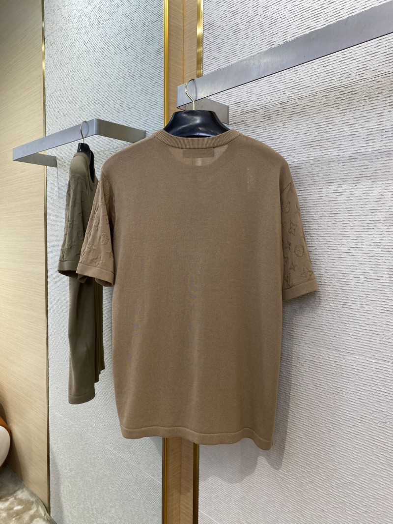 LV Jacquard Sleeve Knit Crew Neck Short Sleeve T-Shirt Khaki 6