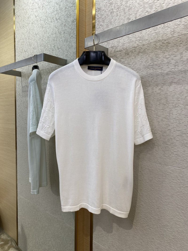 LV Jacquard Sleeve Knit Crew Neck Short Sleeve T-Shirt White 4