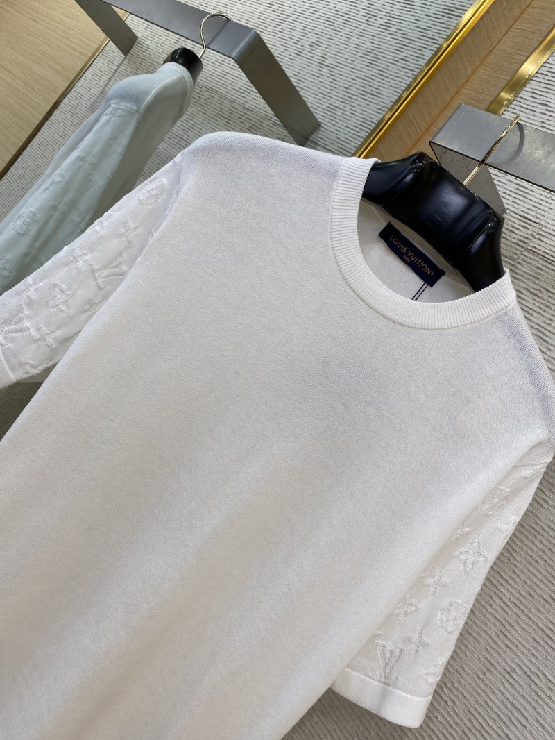 LV Jacquard Sleeve Knit Crew Neck Short Sleeve T-Shirt White 5