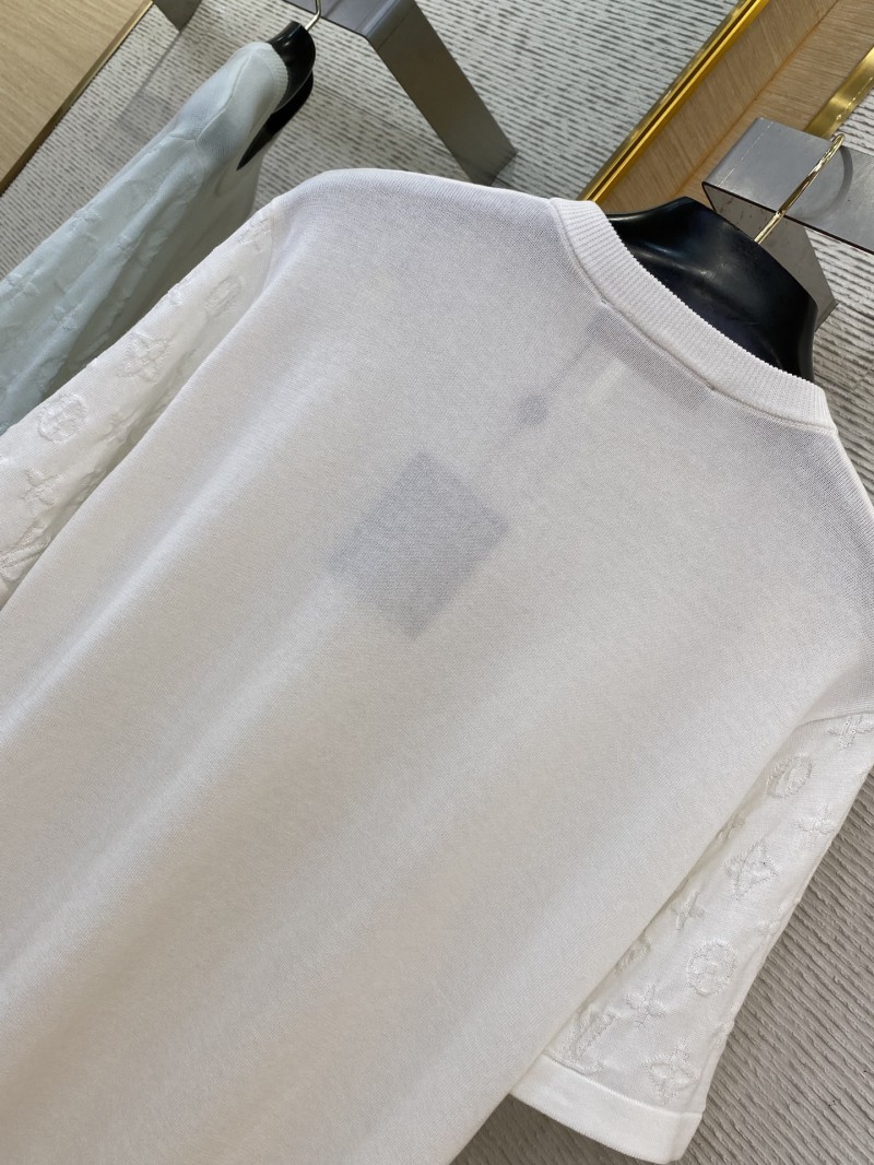 LV Jacquard Sleeve Knit Crew Neck Short Sleeve T-Shirt White 7