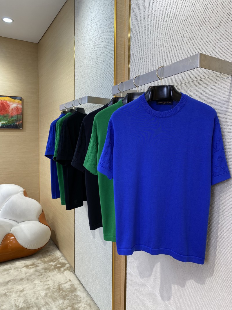 LV Jacquard Sleeve Knit Crew Neck Short Sleeve T-Shirt Green 2