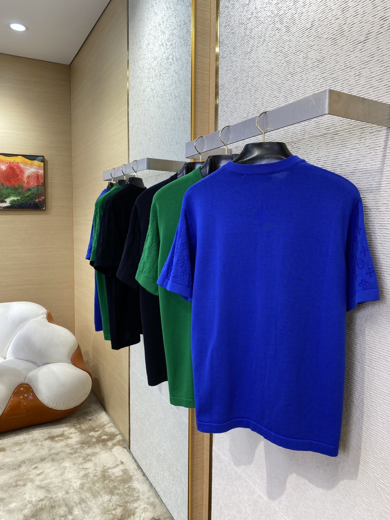 LV Jacquard Sleeve Knit Crew Neck Short Sleeve T-Shirt Blue 3