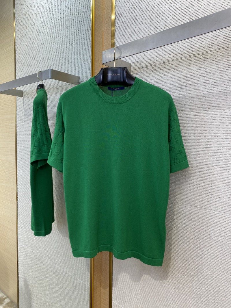 LV Jacquard Sleeve Knit Crew Neck Short Sleeve T-Shirt Green 4