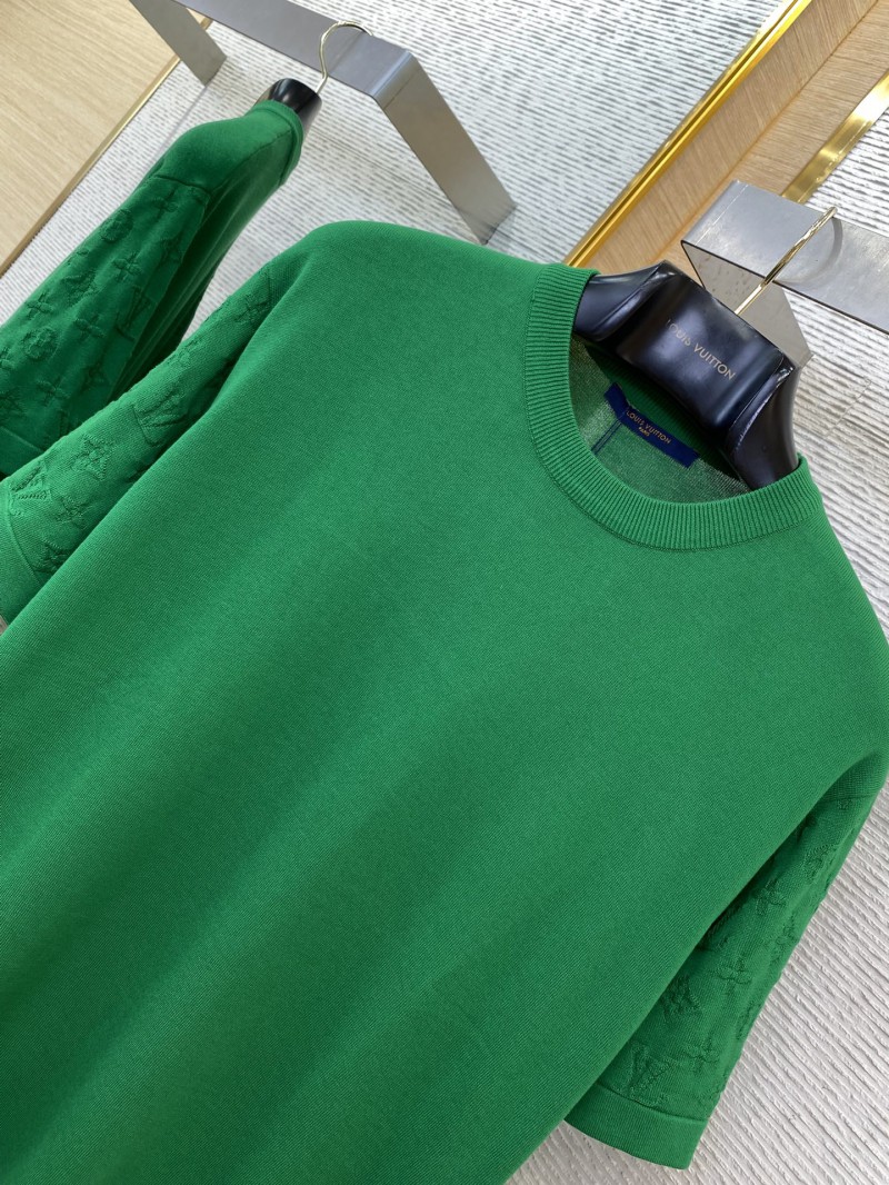 LV Jacquard Sleeve Knit Crew Neck Short Sleeve T-Shirt Green 5