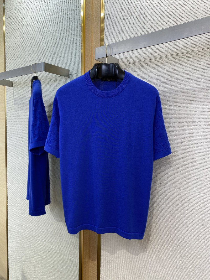 LV Jacquard Sleeve Knit Crew Neck Short Sleeve T-Shirt Blue 4
