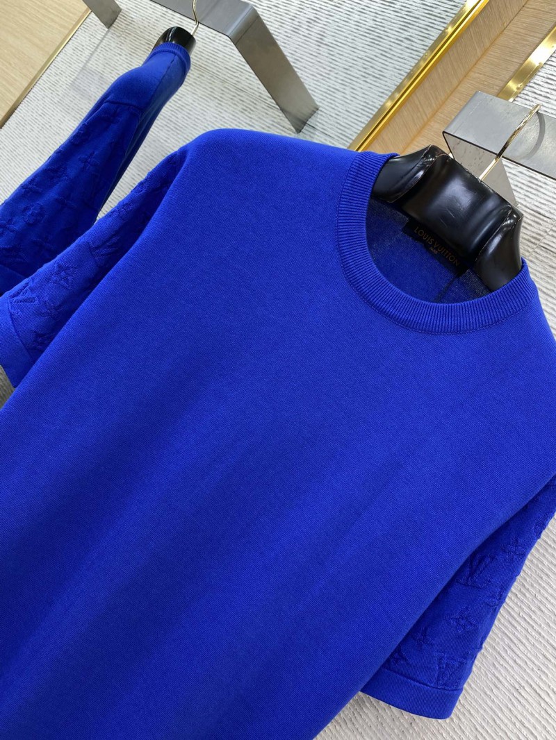 LV Jacquard Sleeve Knit Crew Neck Short Sleeve T-Shirt Blue 5